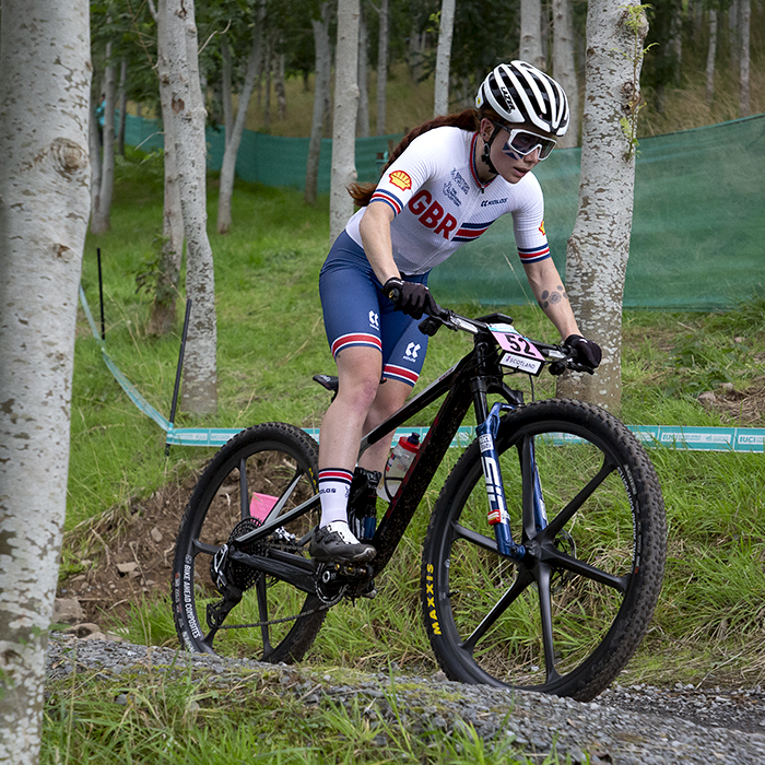 2023 UCI Cycling World Championships - Mountain Bike - Elite Women - Isla Short of Great Britain with a Saltire painted on her face during competition