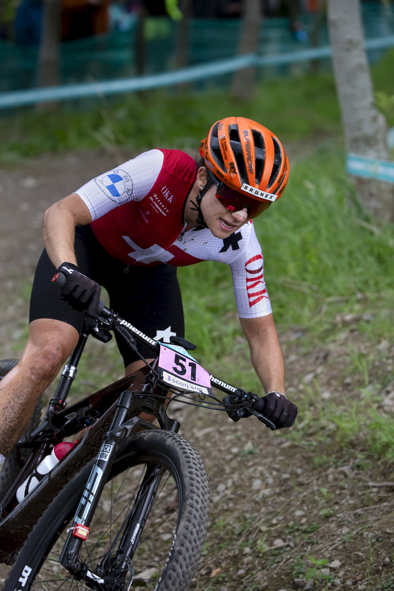 2023 UCI Cycling World Championships - Mountain Bike - Elite Women - Ramona Forchini of Switzerland grits her teeth in determination as she takes part in the event