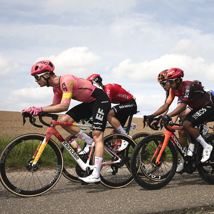 Amstel Gold Race 2024 - Marijn van den Berg of EF Education - EasyPost rides with a group of others past open fields on the Heugdenweg