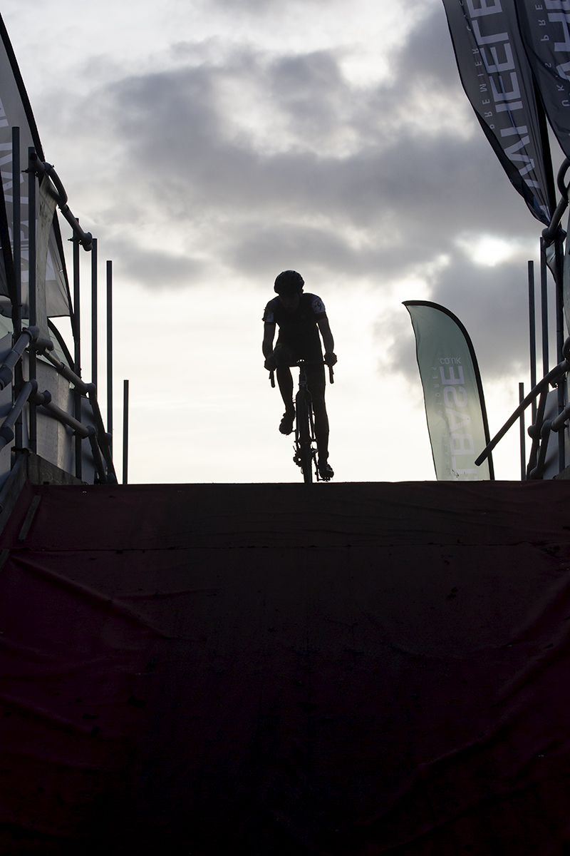 British National Cyclo-Cross Championships 2023 - A silhouette of Bjoern Koerdt as he prepares to descend a ramp