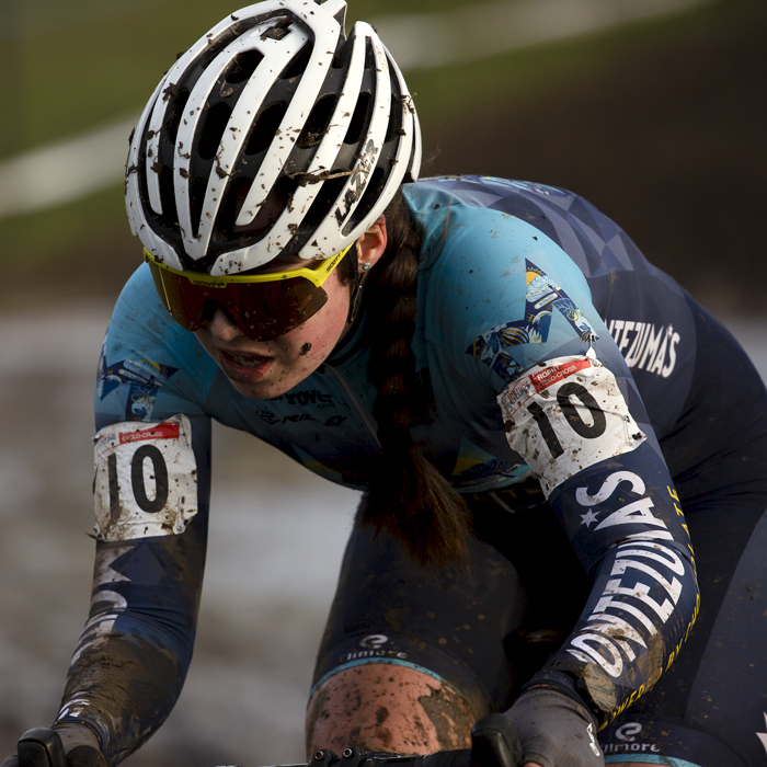 British National Cyclo-Cross Championships 2023 - Close up of Lotta Mansfield splattered in mud from the course