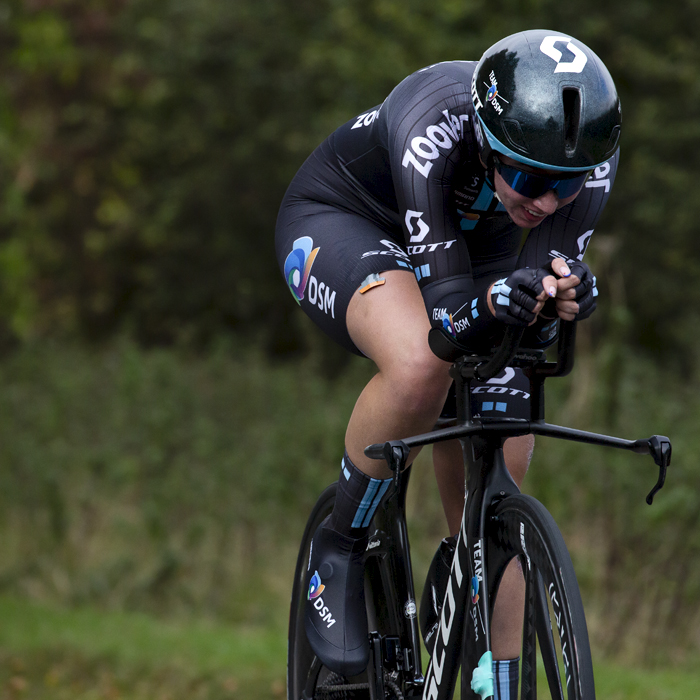 British National Road Championships 2021 - Women’s U23 Time Trial - The effort shows the face of on Team DSM’s  Pfeiffer Georgi as she takes part in the race