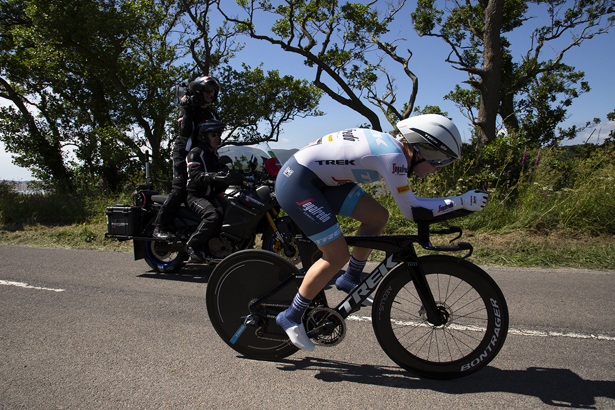 British National Road Championships 2022 - Women’s U23 Time Trial - Elynor Bäckstedt of Trek-Segafredo is followed by the camera motorbike during the event
