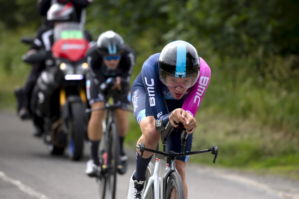 British National Road Championships 2022 - Men’s U23 Time Trial - Leo Hayter of Hagens Berman Axeon overtakes his minute man