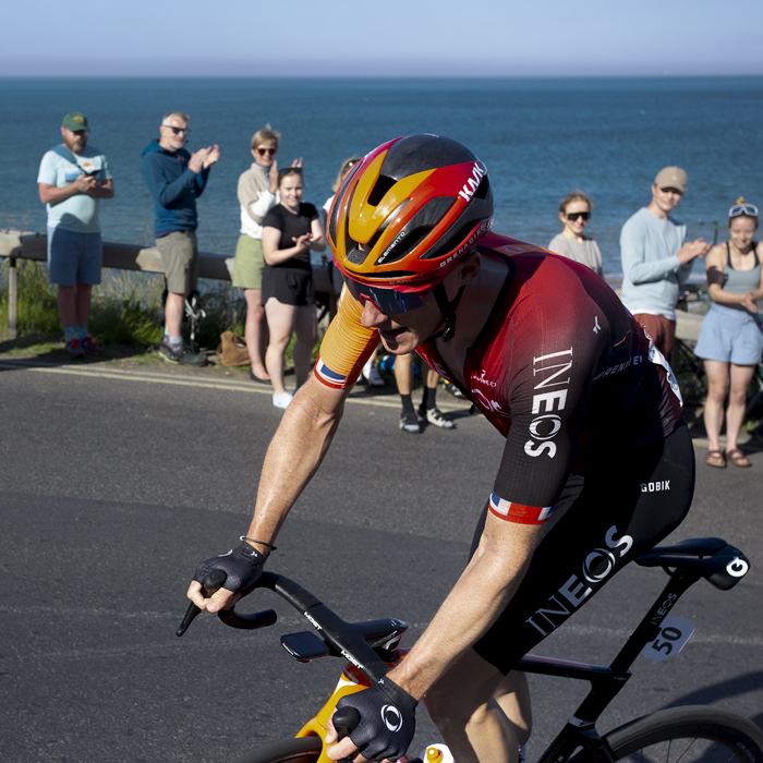 British National Road Championships 2024 - Men’s Road Race - Connor Swift of INEOS Grenadiers rounds the corner into the final ascent of the climb in Saltburn-by-the-Sea