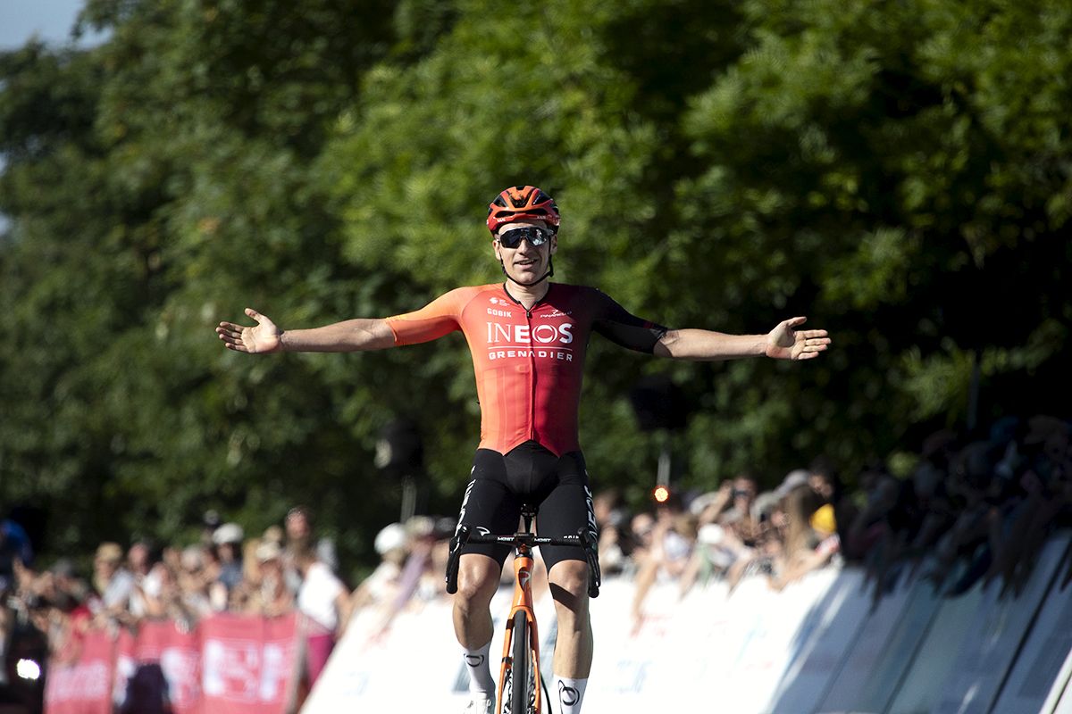 British National Road Championships 2024 - Men’s Road Race - Ethan Hayter of INEOS Grenadiers stretches his arms out in victory as he crosses the line