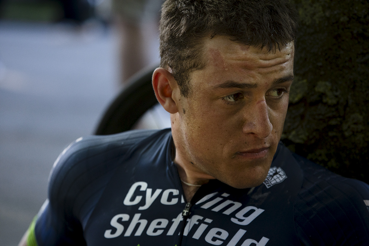 British National Road Championships 2024 - Men’s Road Race - Cycling Sheffield’s Jack Hartley sits and recovers in the shade following the race