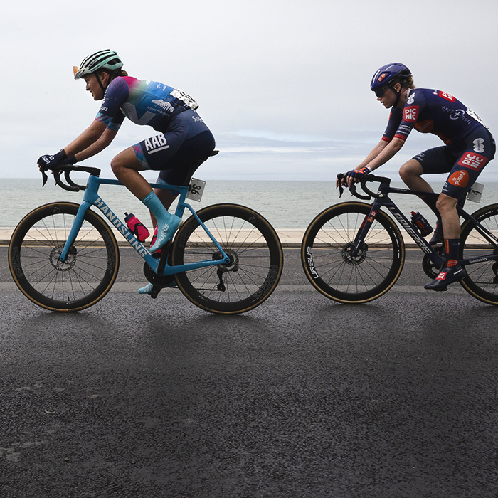 British National Road Championships 2025 - Road Race - Women - Becky Storrie of Team Picnic PostNL & Madelaine Leech of Handsling Alba Development Road Team ride along the seafront with the sea in the background