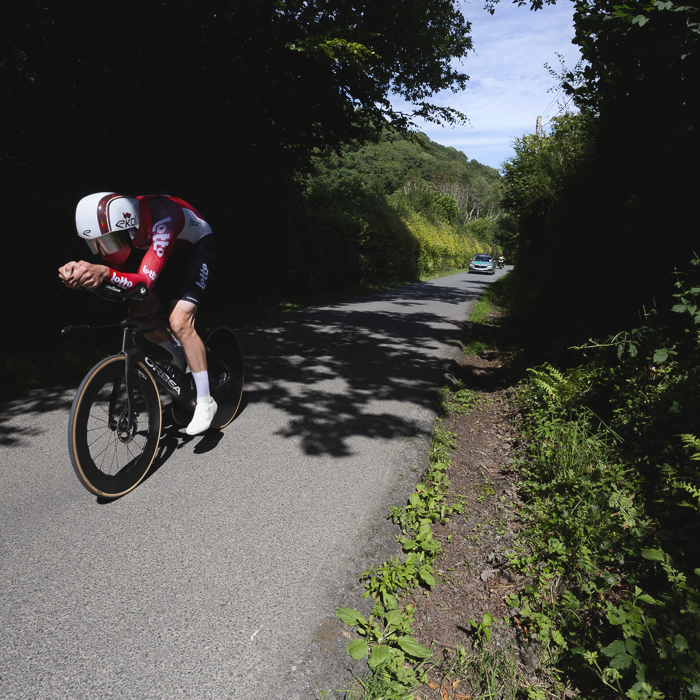 British National Road Championships 2025 - Time Trial - Elite Men - Josh Giddings of Lotto in a tuck position as he races through the countryside
