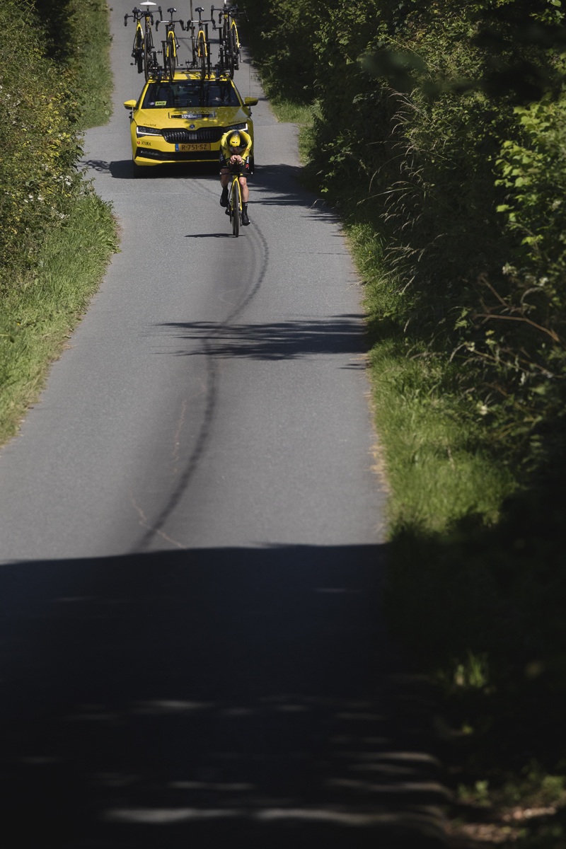 British National Road Championships 2025 - Time Trial - Elite Men - Matthew Brennan of Team Visma - Lease a Bike is followed by his team car as he races through the Welsh lanes