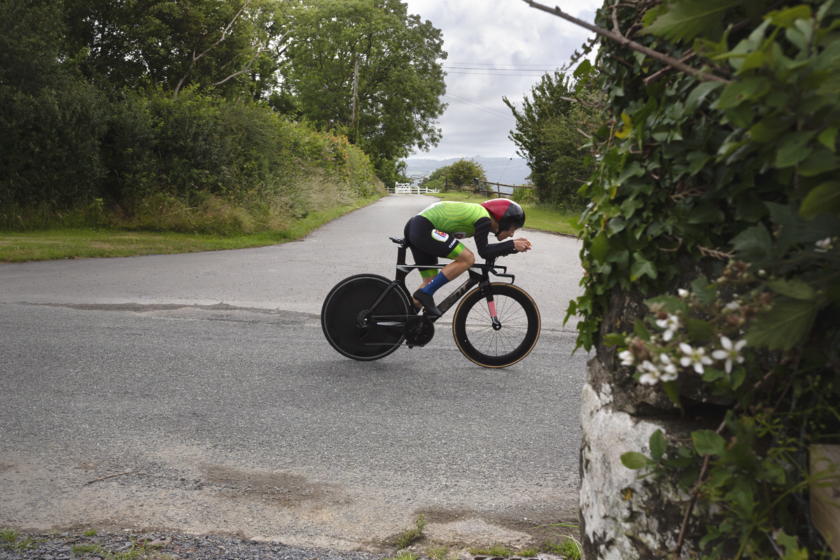 British National Road Championships 2025 - Time Trial - U23 Men - Jack Brough of AVC Aix en Provence seen passing a gateway as he pushes on during the event