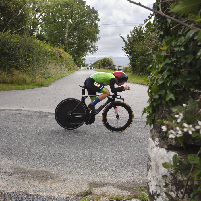 British National Road Championships 2025 - Time Trial - U23 Men - Jack Brough of AVC Aix en Provence seen passing a gateway as he pushes on during the event