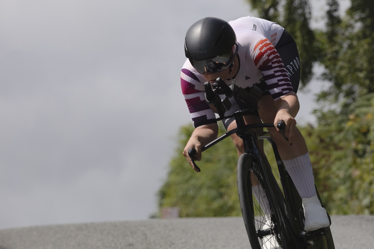 British National Road Championships 2025 - Time Trial - Elite Women - Charlotte Hodgkins-Byrne in a tuck position as she tackles a descent