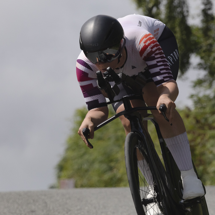 British National Road Championships 2025 - Time Trial - Elite Women - Charlotte Hodgkins-Byrne in a tuck position as she tackles a descent