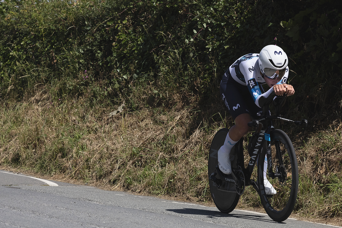 British National Road Championships 2025 - Time Trial - U23 Women - Cat Ferguson of Movistar Team races on a road lined with high hedges