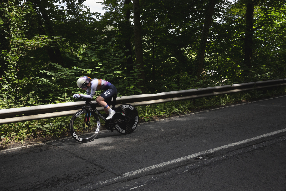 British National Road Championships 2025 - Time Trial - U23 Women - Eilidh Shaw of UAE Development Team rides on tree lined roads