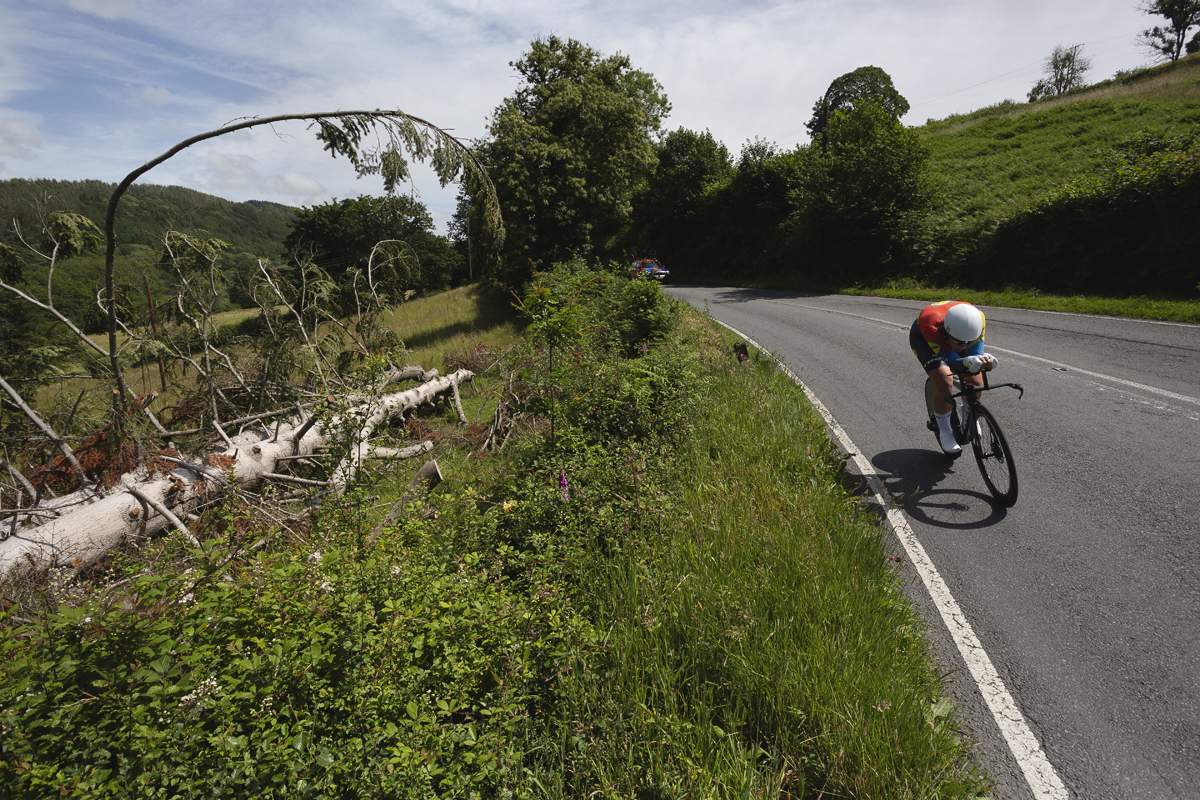 British National Road Championships 2025 - Time Trial - U23 Women - Izzy Sharp of Lidl - Trek rides past a fallen tree