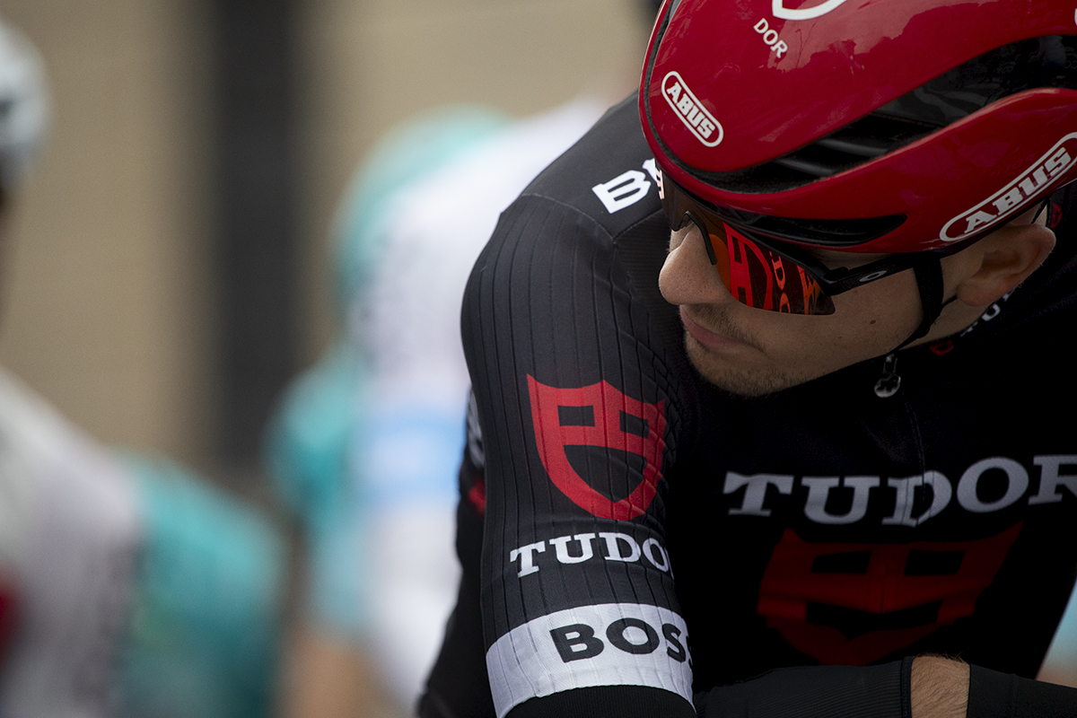 Coppa Bernocchi 2024 - Arnaud Tendon’s team logo reflected in his glasses on the race start line