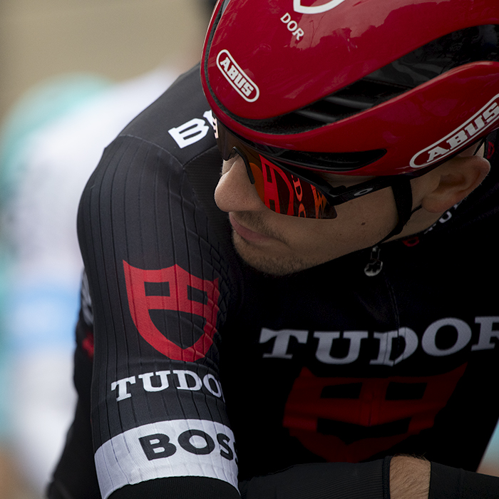 Coppa Bernocchi 2024 - Arnaud Tendon’s team logo reflected in his glasses on the race start line