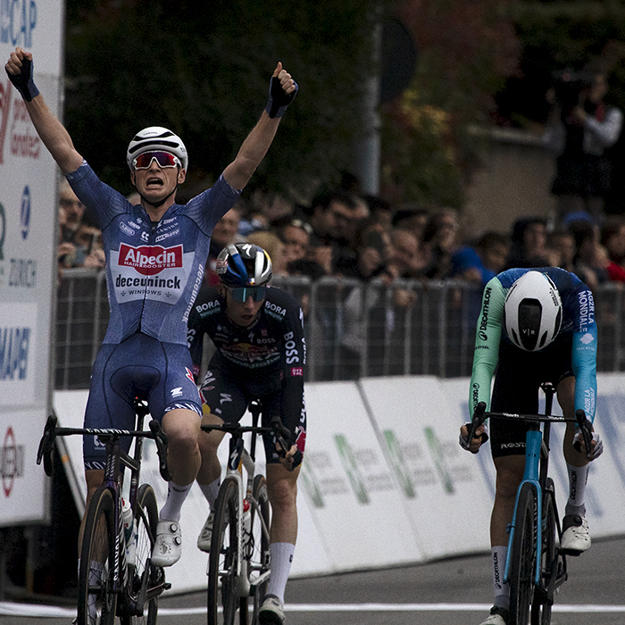 Coppa Bernocchi 2024 - Stan Van Tricht raises his arms in victory as he crosses the finish line