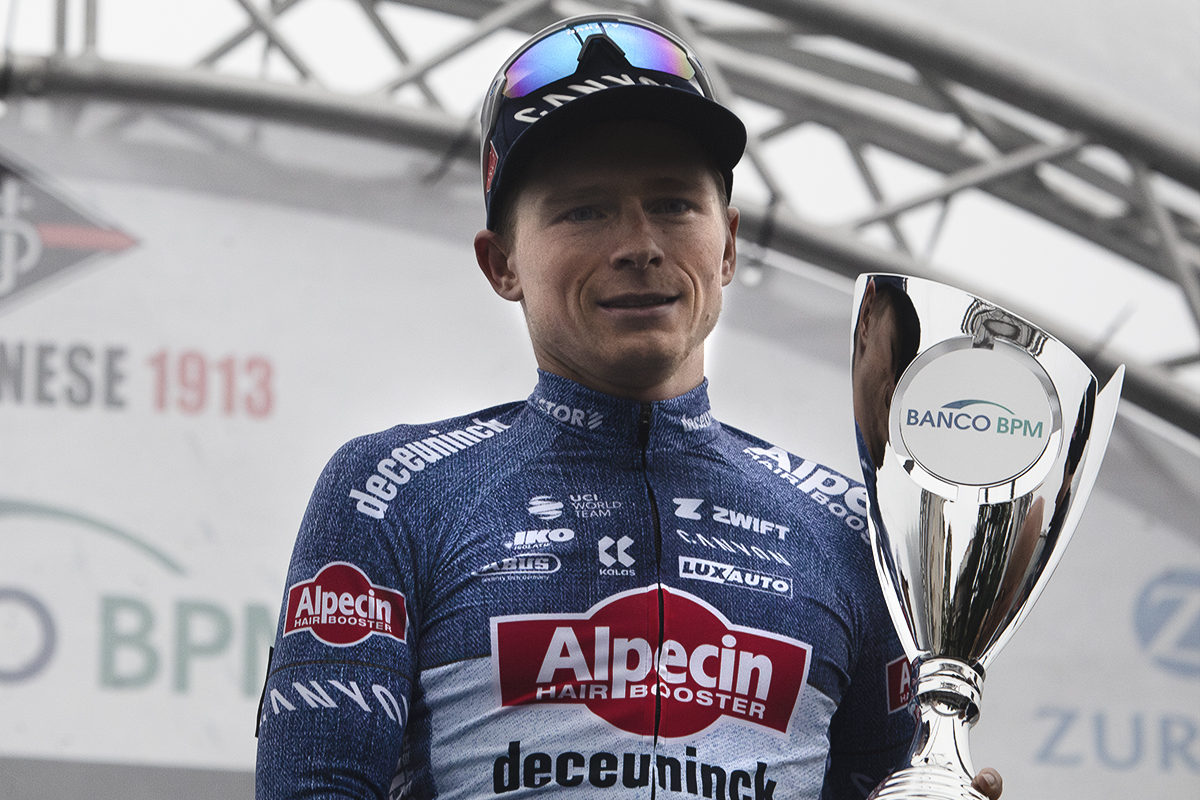Coppa Bernocchi 2024 - Stan Van Tricht holds his victors trophy, the Coppa Bernocchi