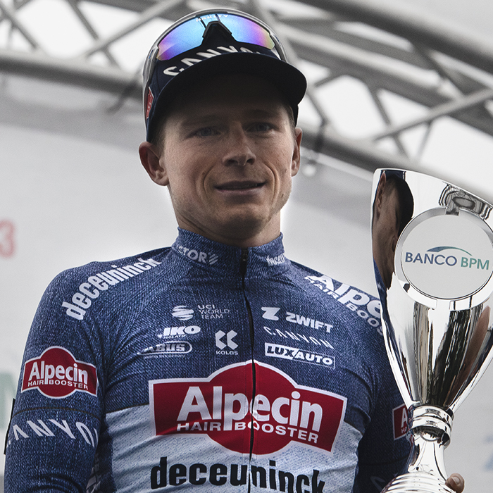 Coppa Bernocchi 2024 - Stan Van Tricht holds his victors trophy, the Coppa Bernocchi