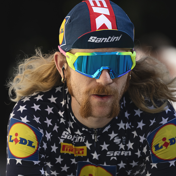 Coppa Bernocchi 2025 - Lidl - Trek’s Quinn Simmons wearing the USA champions jersey with his signature long red hair billowing behind him