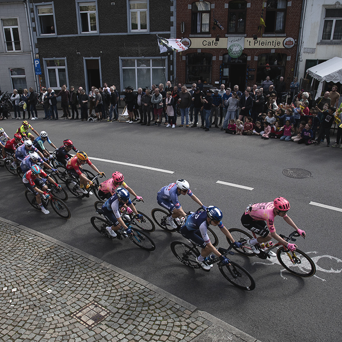 De Brabantse Pijl 2024 - The peloton from above as it crosses over a stag beetle painted on the road  and past crowds lining the roadside during the race