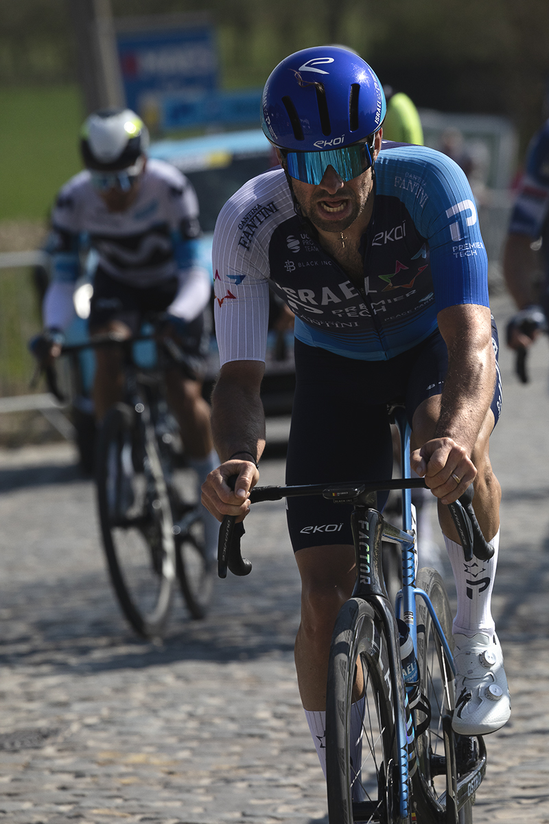 Dwars Door Vlaanderen 2025 - Tom Van Asbroeck of Israel - Premier Tech with effort showing on his face on the Eikenberg cobbles