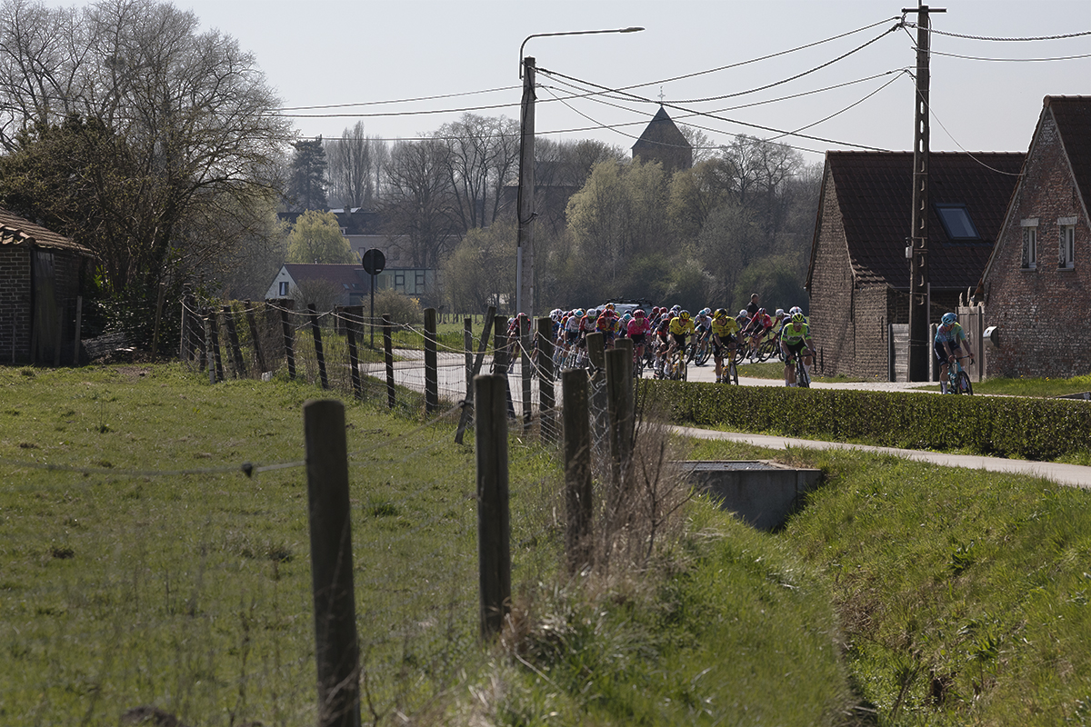 Dwars Door Vlaanderen 2025 - Riders framed by wooden fence posts in Etikhove