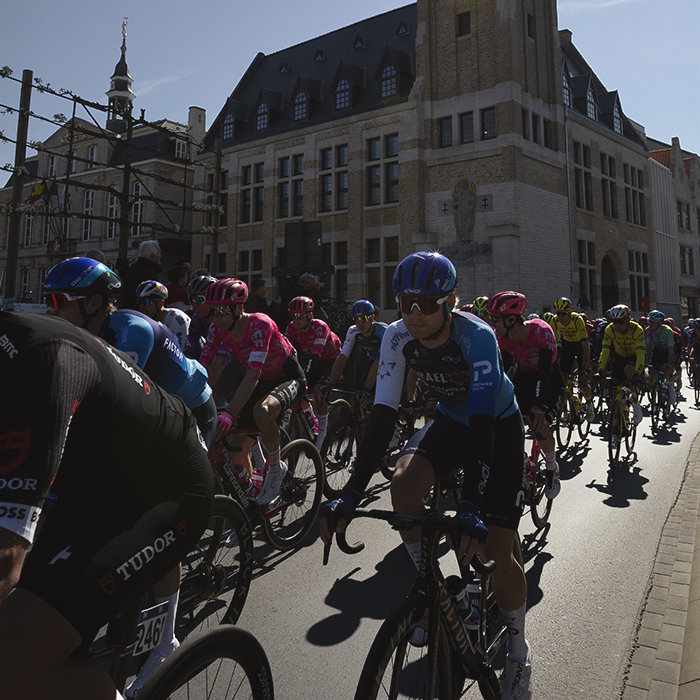 Dwars Door Vlaanderen 2025 - The peloton rolls out past the Town Hall in Roselare