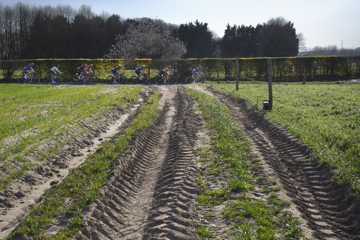 Dwars Door Vlaanderen Vrouwen 2025 - Tractor tracks in a field lead towards the riders passing on a distant road