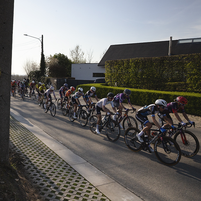Dwars Door Vlaanderen Vrouwen 2025 - The peloton ride past a modern house on a concrete Belgian road