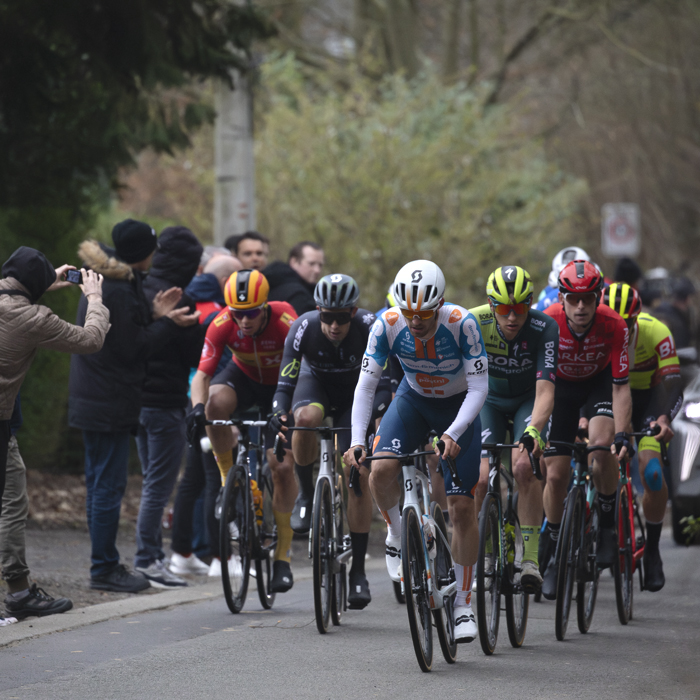 E3 Saxo Classic 2024 - Riders in the breakaway make their way up Kanarieberg watched by supporters