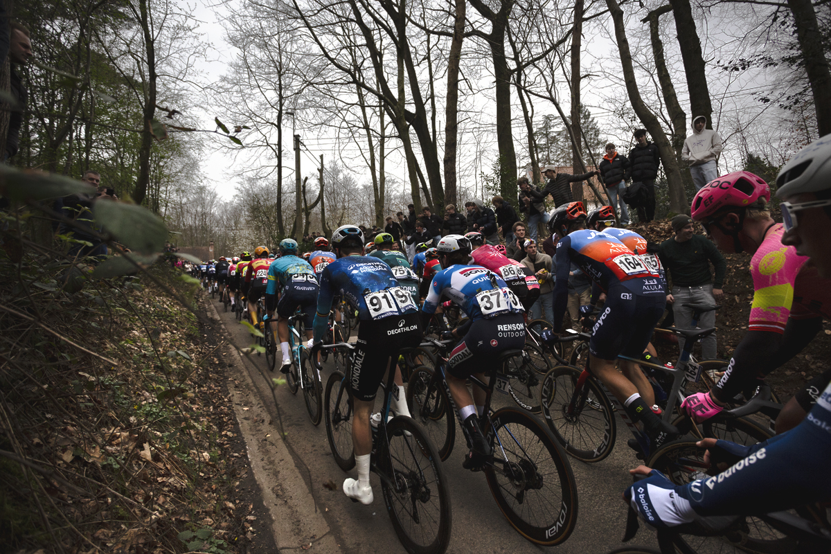 E3 Saxo Classic 2024 - Tree lined banks are dotted with spectators as riders make their way up the climb of Kanarieberg