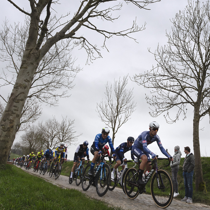 E3 Saxo Classic 2024 -  A strung out line of riders on a tree lined section of Paddestraat are watched by supporters