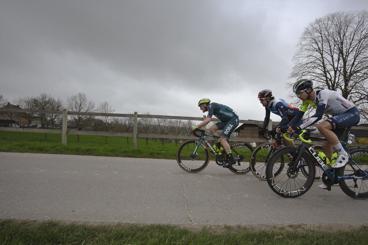 E3 Saxo Classic 2024 - A group of riders pass by a field bordered by a wooden picket fence