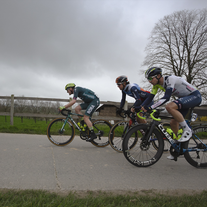 E3 Saxo Classic 2024 - A group of riders pass by a field bordered by a wooden picket fence