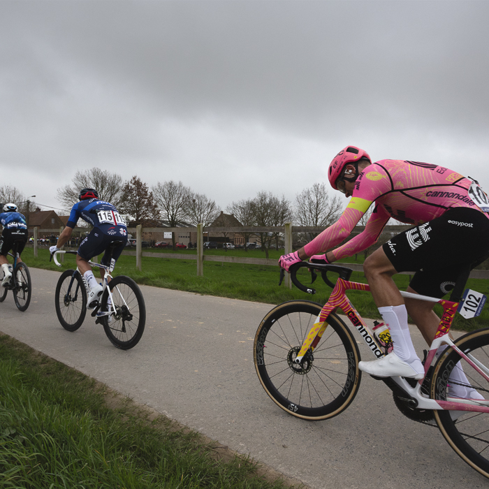 E3 Saxo Classic 2024 - A group of riders pass by a field bordered by a wooden fence