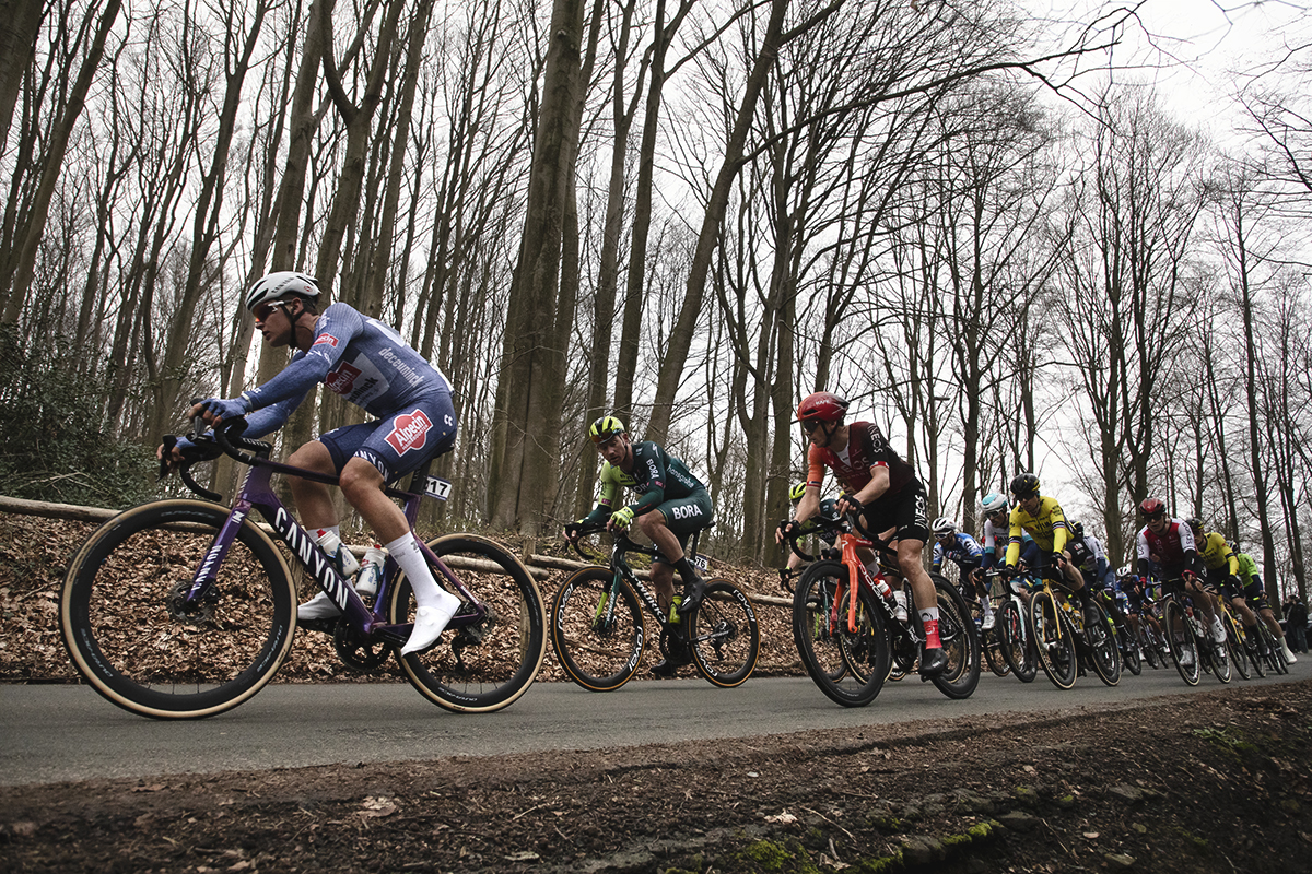 E3 Saxo Classic 2024 - Riders with the leafless trees of Muziekbos in the background as they complete the climb