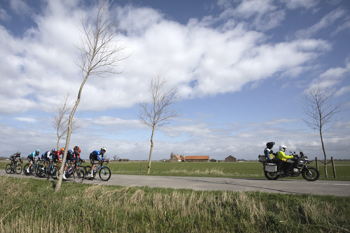 Gent Wevelgem 2024 - Riders come into view with a farm building in the distance and two young saplings on the road side in De Moeren