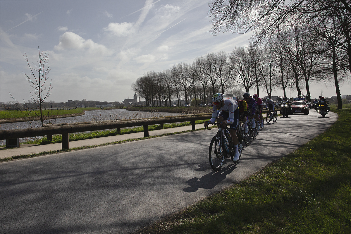Gent Wevelgem 2025 - A group of riders on the tree lined Ijzerdijk with the river Yser and town of Diksmuide in the background