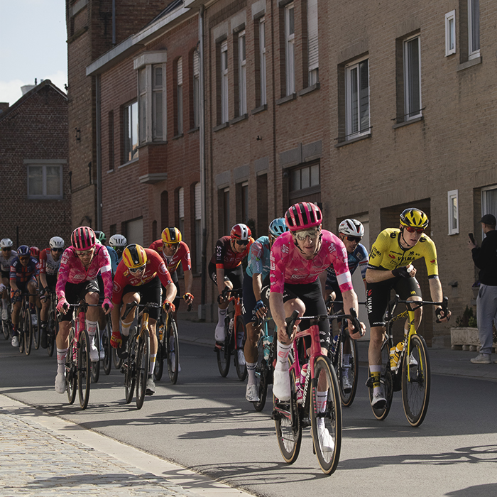 Gent Wevelgem 2025 - The peloton rides down a street lined with brick buildings