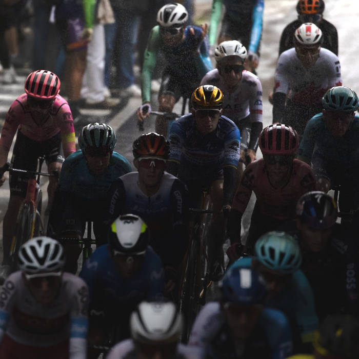 Giro dell’Emilia 2024 - The golden helmet of the Olympic Champion Remco Evenepoel of Soudal Quick-Step shines through the gloom
