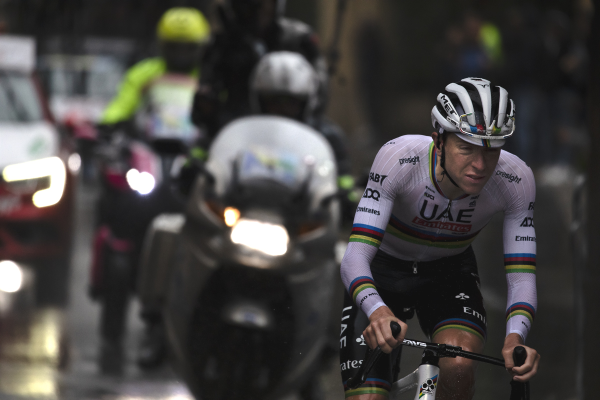 Giro dell’Emilia 2024 - Tadej Pogacar, eyes swollen with the dirt from the road squints as he makes his way towards the San Luca climb