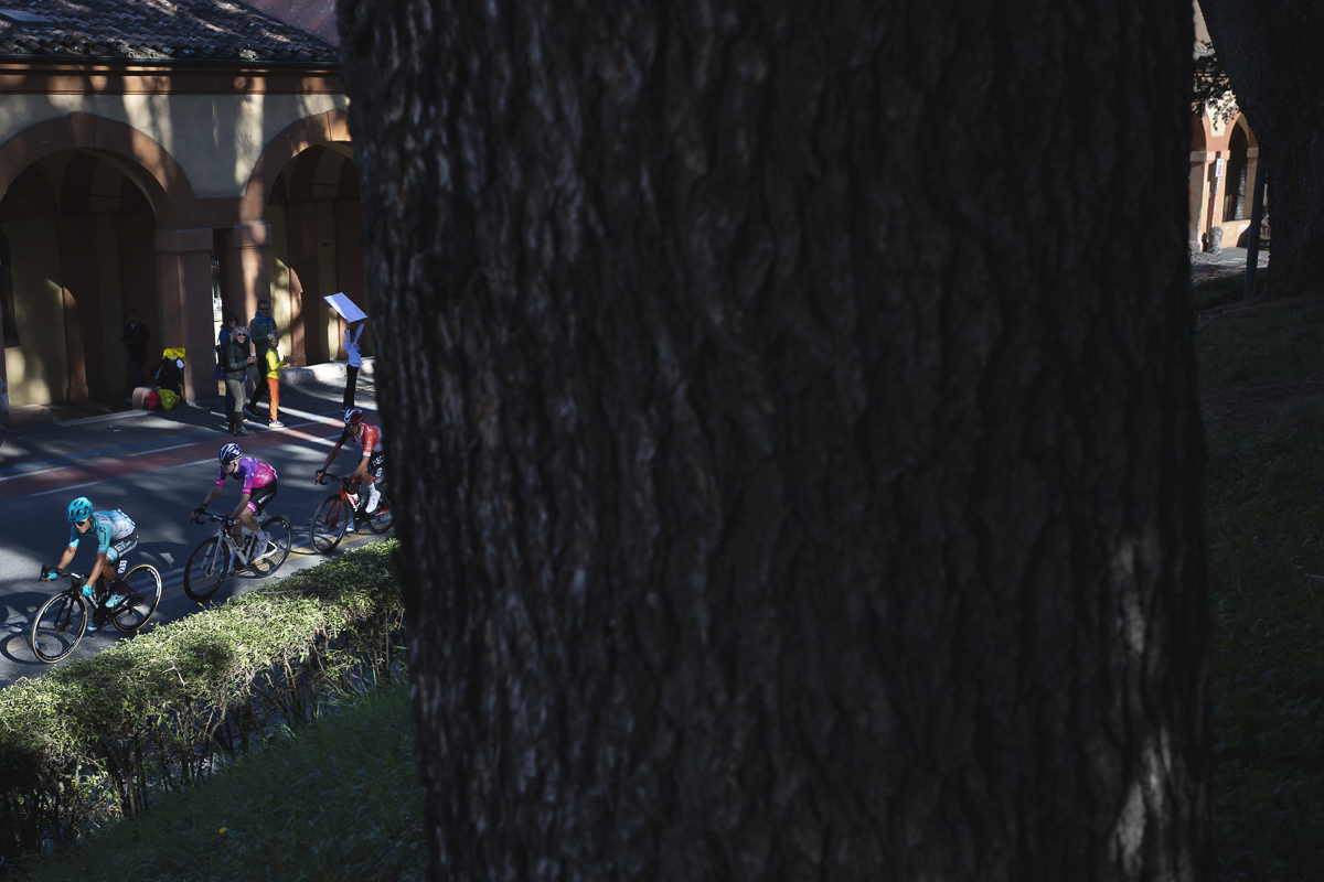 Giro dell’Emilia 2025 - Riders pass one of he porticos in Bologna with a tree framing them in the foreground