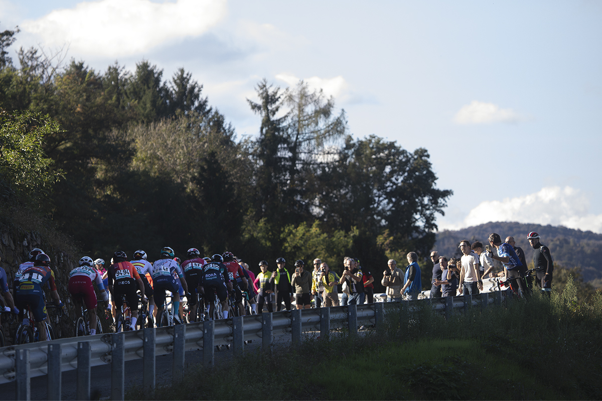 Gran Piemonte 2024 - The peloton viewed from behind as it climbs into Maggiora