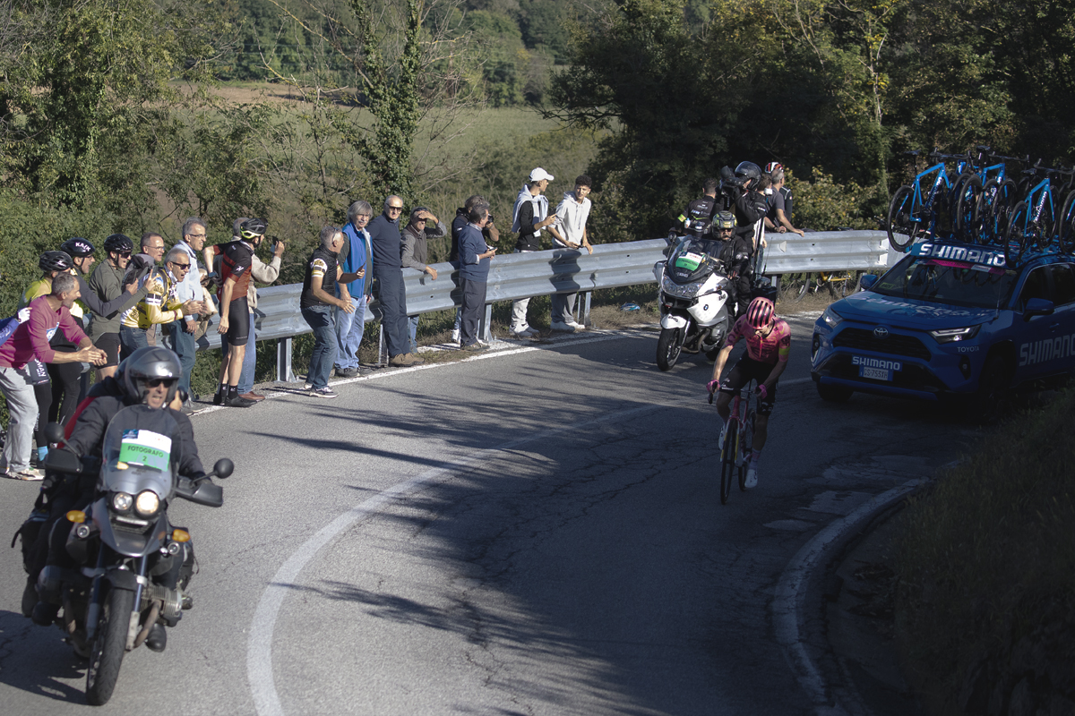 Gran Piemonte 2024 - Eventual race winner Neilson Powless pushes on up a climb as fans cheer him on during his solo attack