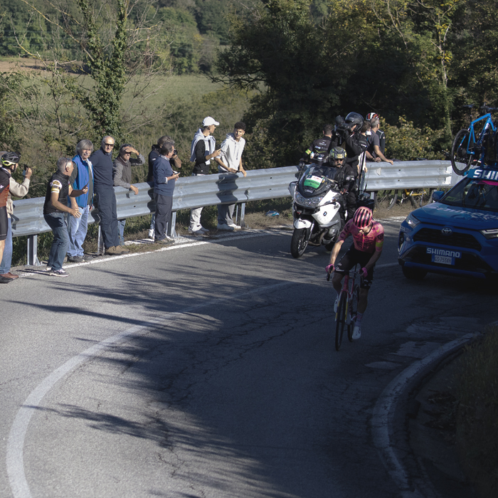 Gran Piemonte 2024 - Eventual race winner Neilson Powless pushes on up a climb as fans cheer him on during his solo attack
