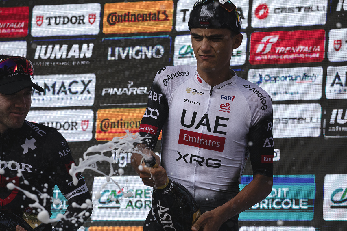 Gran Piemonte 2025 - Isaac del Toro of UAE Team Emirates - XRG sprays the celebratory Asti on the podium